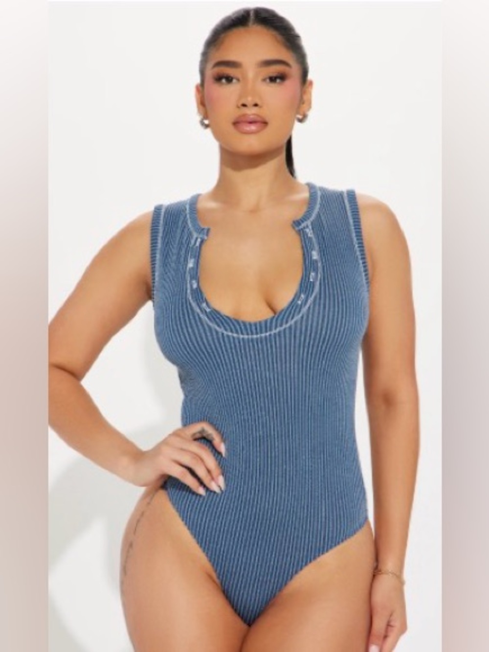 Fashion Nova Blue Ribbed Scoop Neck Womens Tank Bodysuit